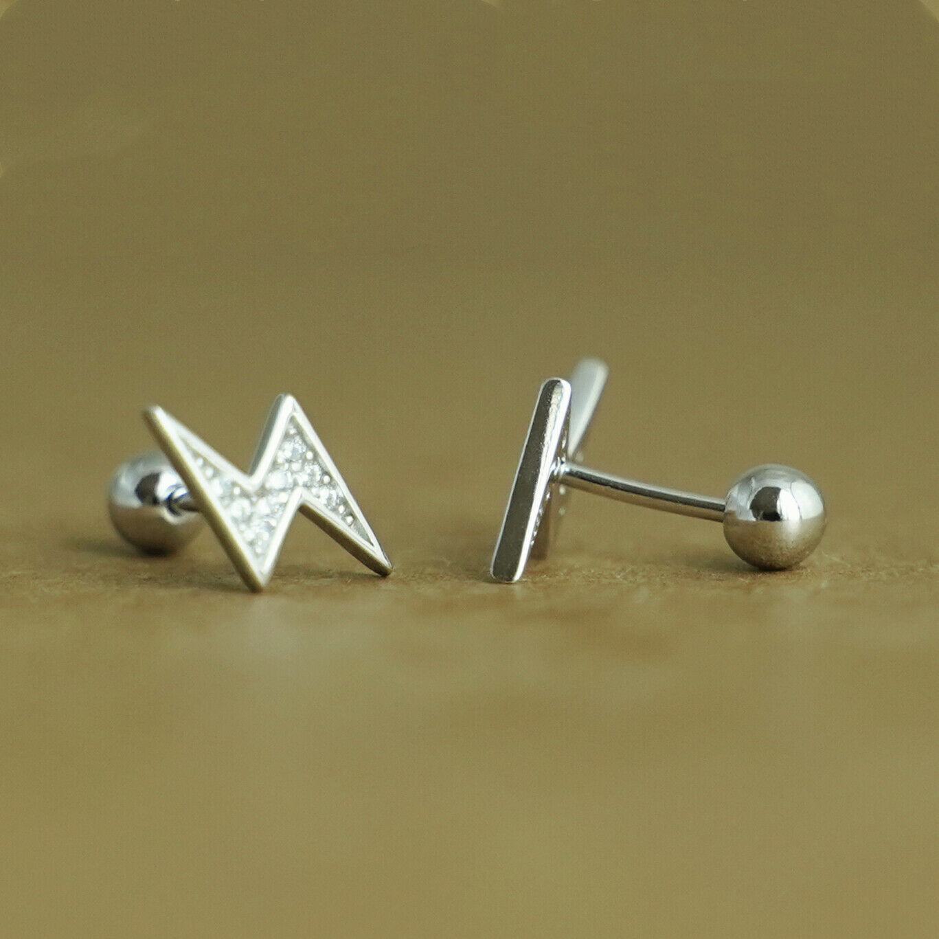 Sterling Silver CZ Lightning Bolt Barbell Bead Ball Screw Back Stud Earrings - sugarkittenlondon