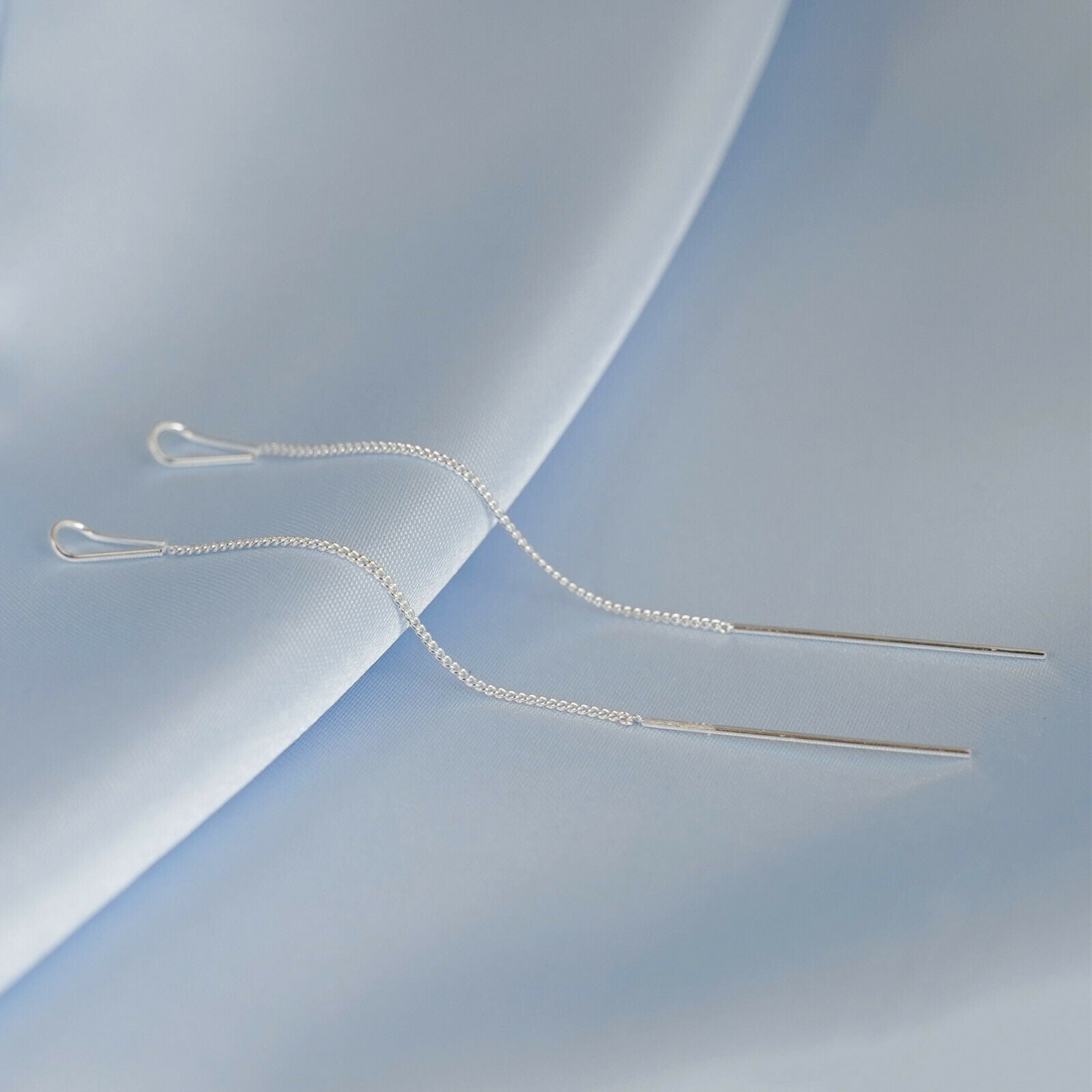 Sterling Silver Long Line Bar Pull Through Threader Drop Earrings TRACE Chain - sugarkittenlondon