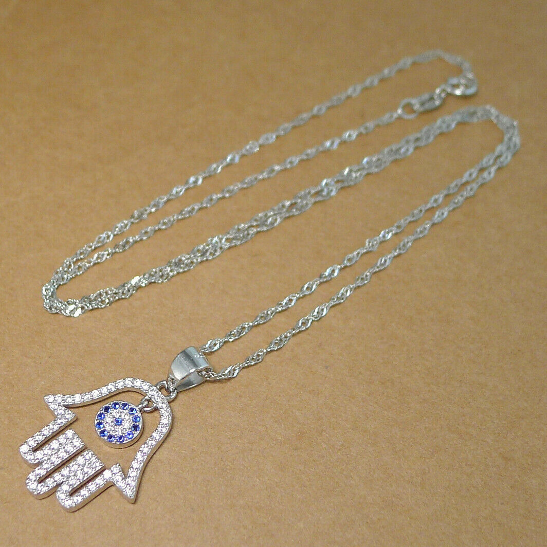 Sterling Silver Blue Paved CZ Evil Eye Hamsa Hand of Fatima Pendant Necklace - sugarkittenlondon