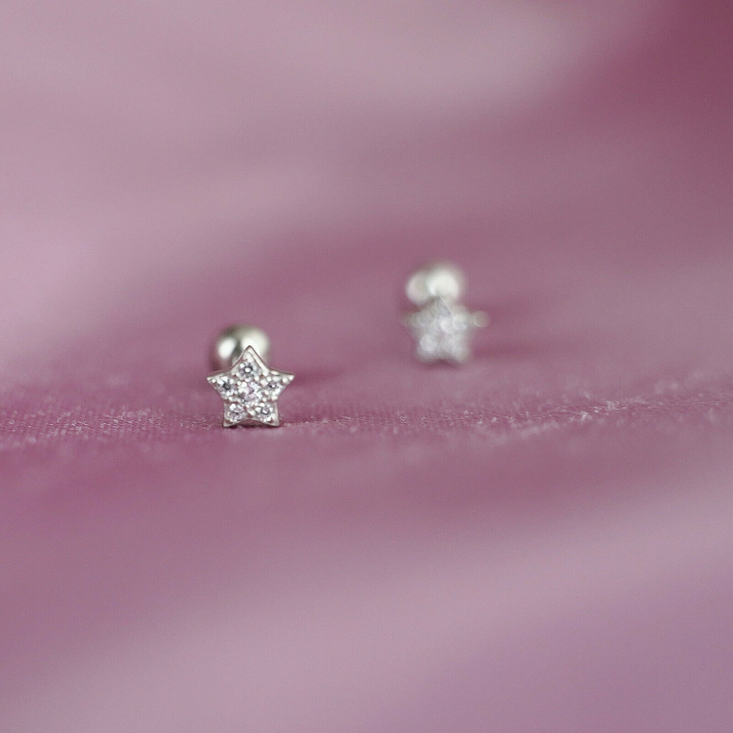 Sterling Silver Mini Shiny CZ Star Barbell Bead Ball Screw Back Earrings 3 Tones - sugarkittenlondon