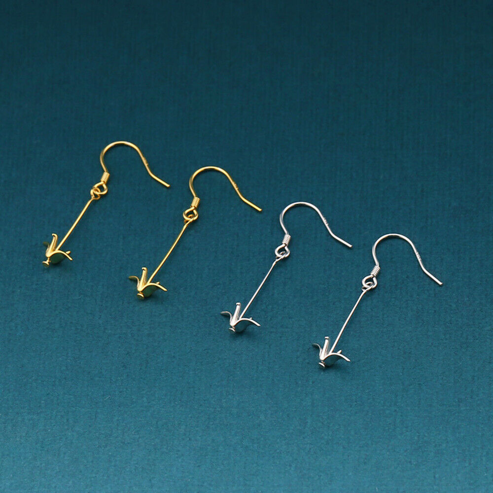Rhodium on Sterling Silver Origami Crane Birds Dangle Drop Hook Earrings - sugarkittenlondon