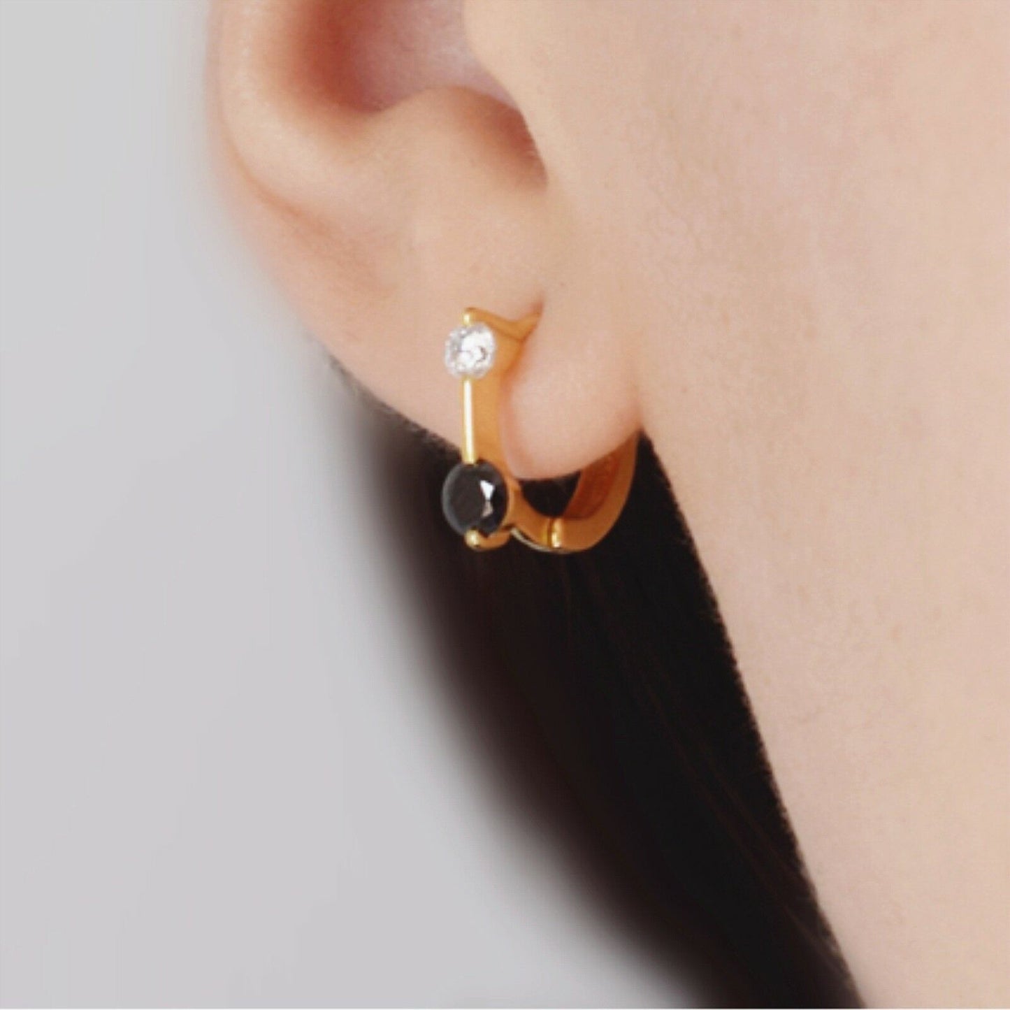 18K Gold Plated Sterling Silver Black and White CZ Huggie Hoop Bar Earrings - sugarkittenlondon