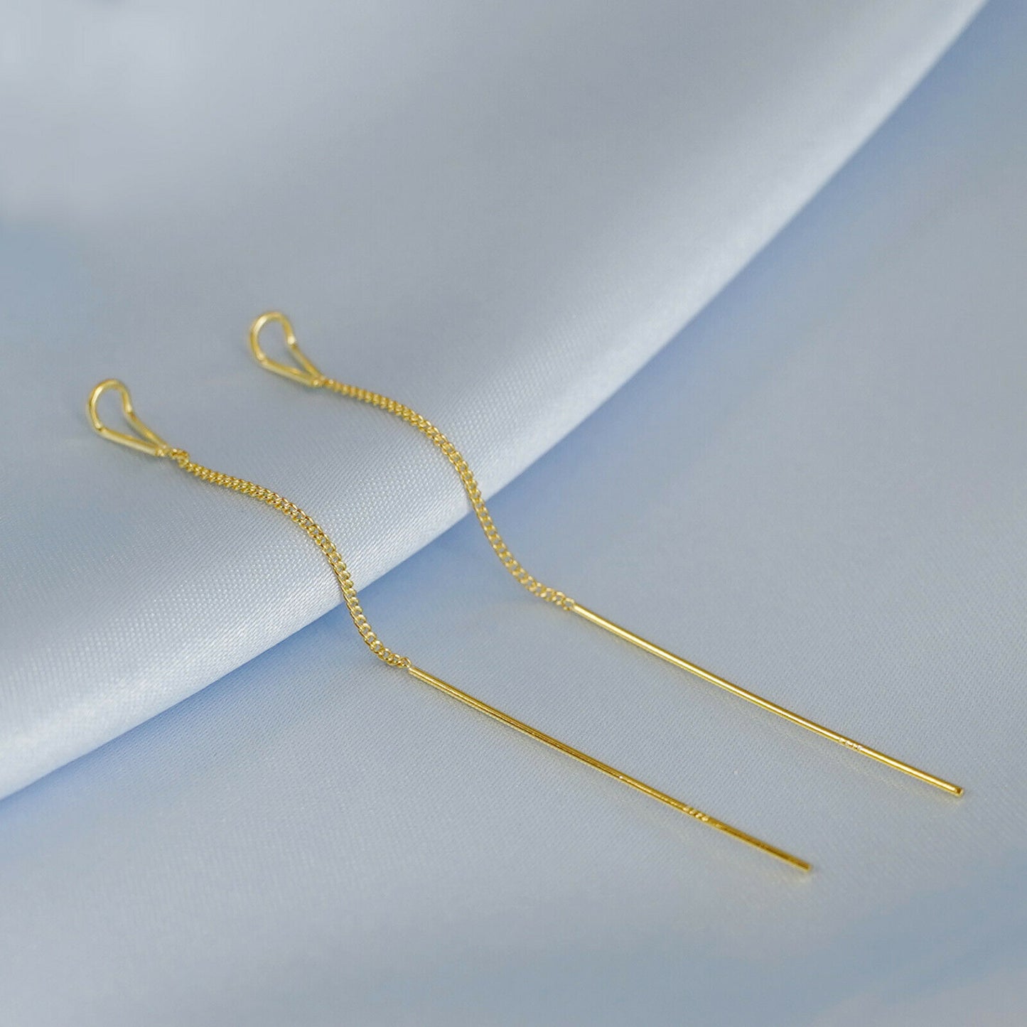 Sterling Silver Long Line Bar Pull Through Threader Drop Earrings TRACE Chain - sugarkittenlondon