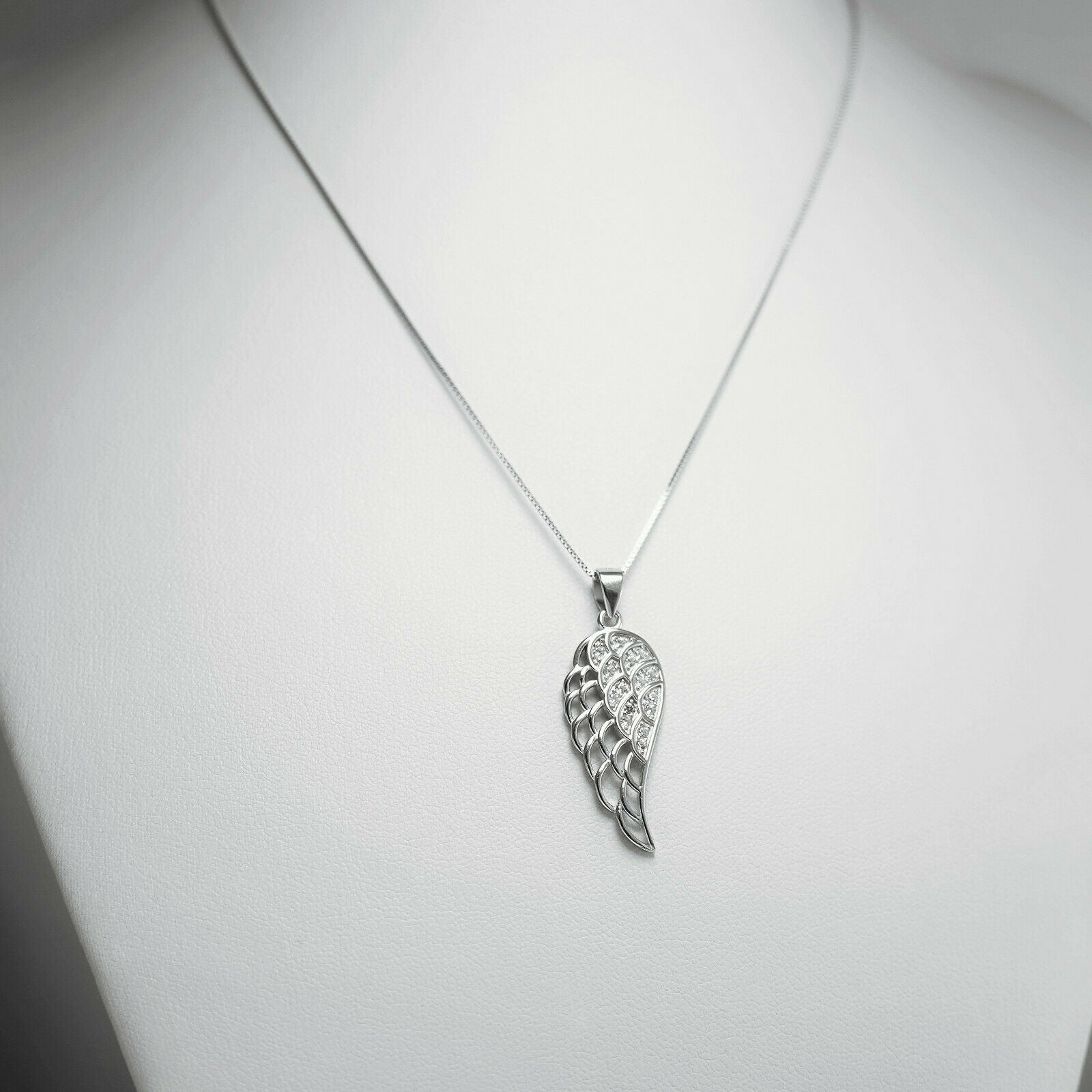 Sterling Silver Angel Feather Hollow White Paved CZ Wing Pendant Necklace - sugarkittenlondon