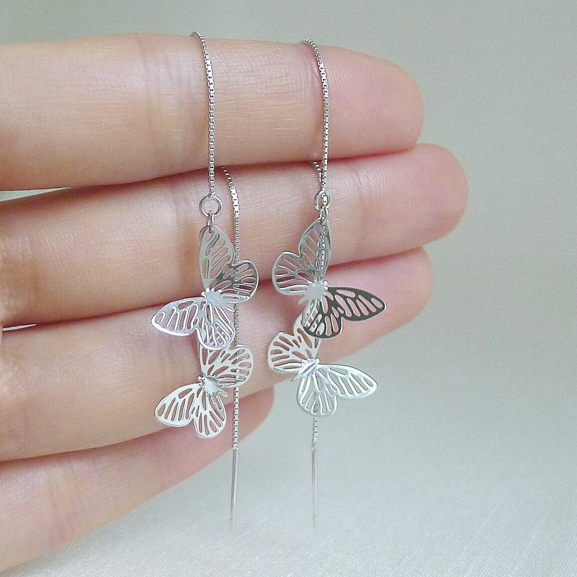 Sterling Silver Butterfly Threader Earrings - Lightweight Dangle Drop Pull Through Ear Jewelry - sugarkittenlondon