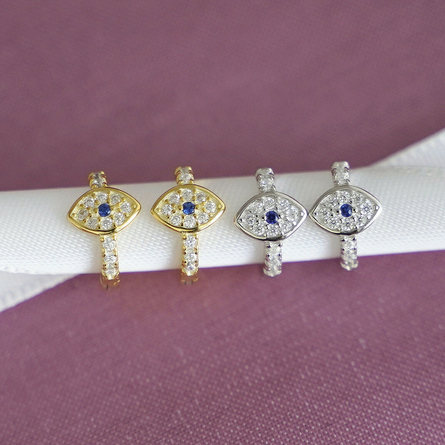 8mm Hoop Earrings with 18K Gold Finish and Blue White CZ Evil Eye Charm - sugarkittenlondon