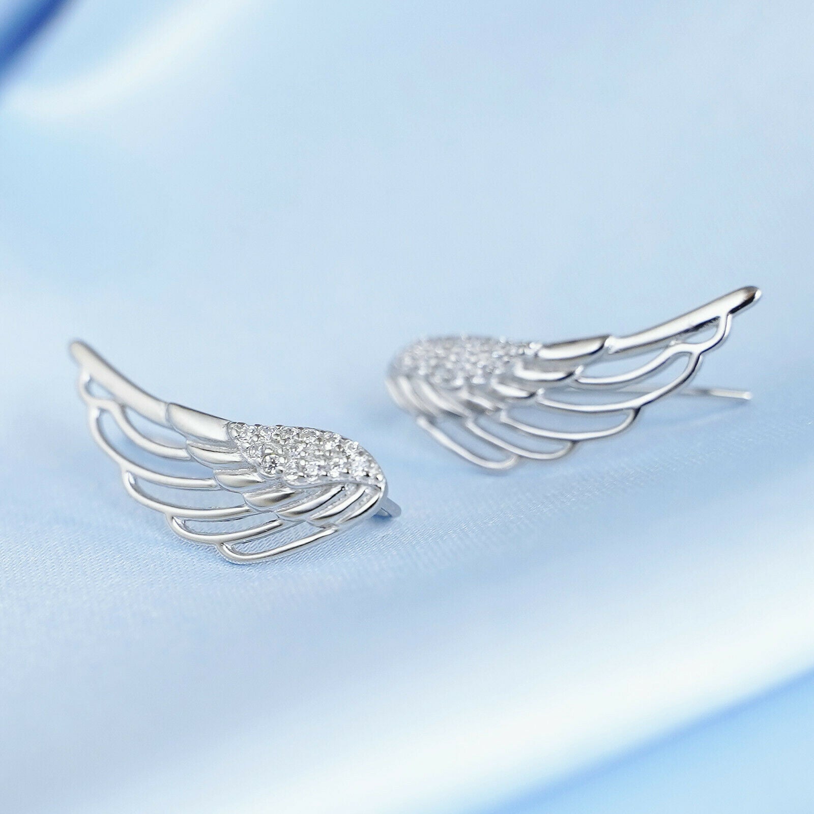 Angel Wing Earrings - Sterling Silver Crystal Cuff Crawler Climbers - sugarkittenlondon