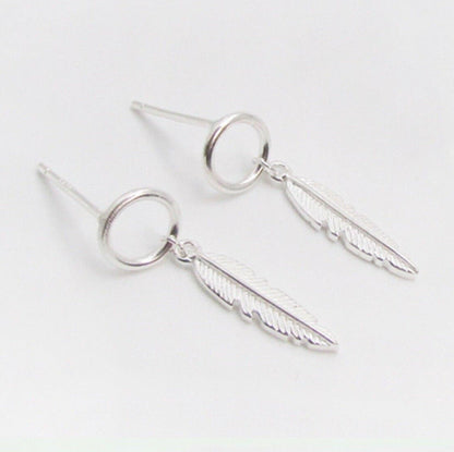 Sterling Silver Simple Angel Wing Feather Link Circle Drop Stud Earrings Boxed - sugarkittenlondon