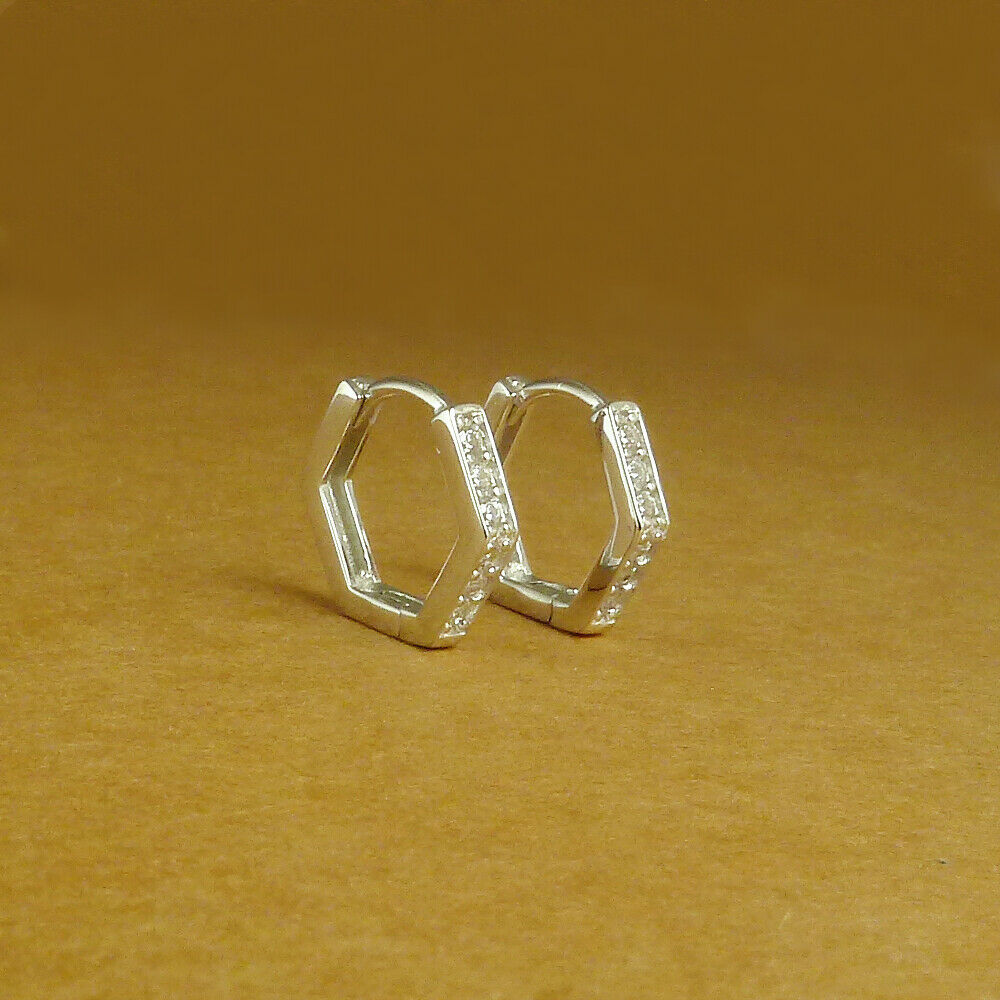 Sterling Silver 10mm Hoop Hexagon Half Eternity Paved CZ Huggie Hinged Earrings - sugarkittenlondon
