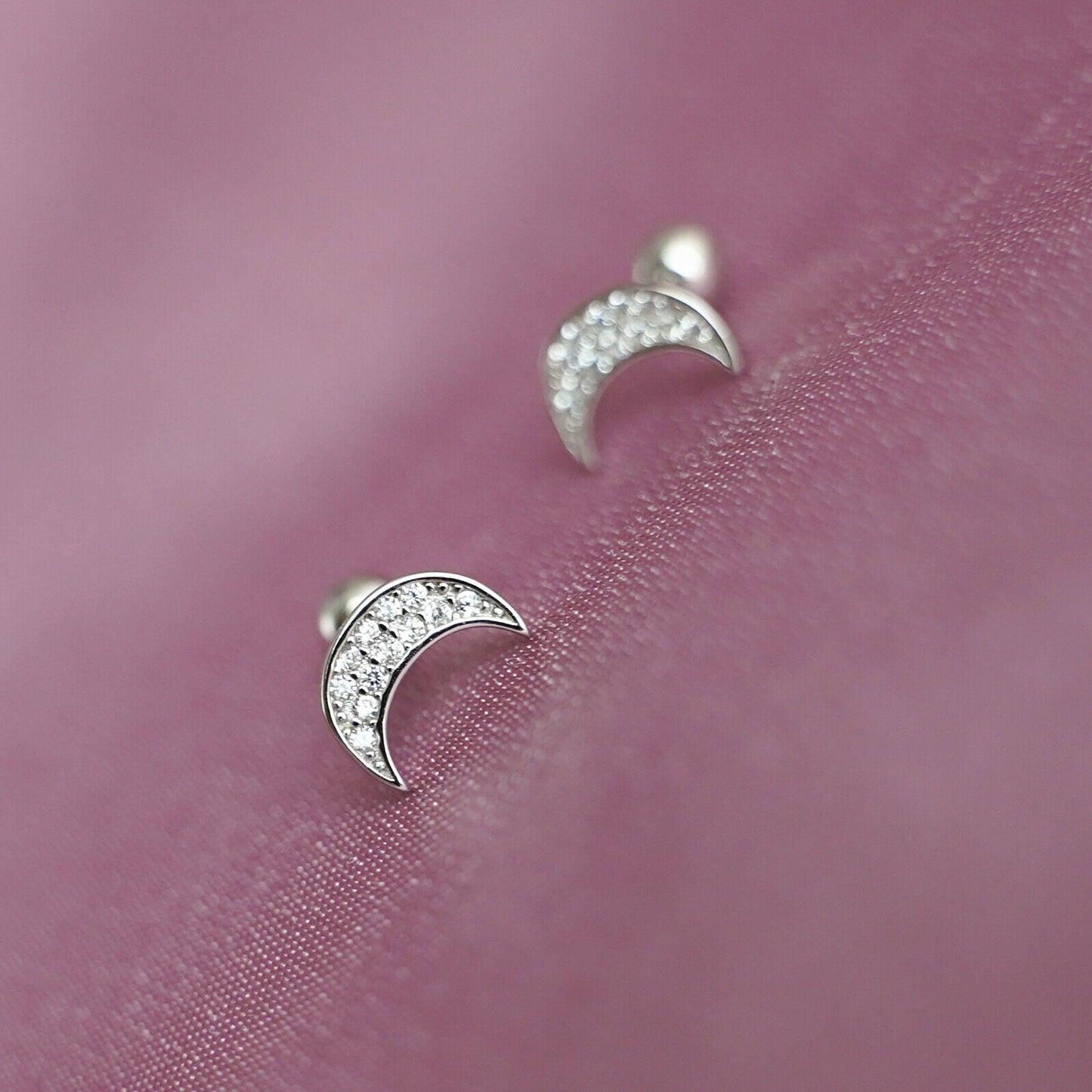 Sterling Silver Cubic Zirconia Moon Barbell Bead Ball Screw Back Stud Earrings - sugarkittenlondon