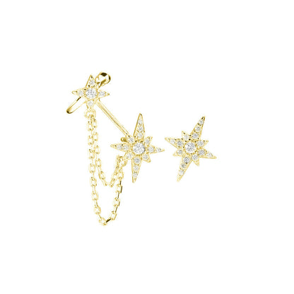 Paved CZ Pole Star Chain Cuff Asymmetrical Earrings in 18K Gold on Sterling Silver - sugarkittenlondon