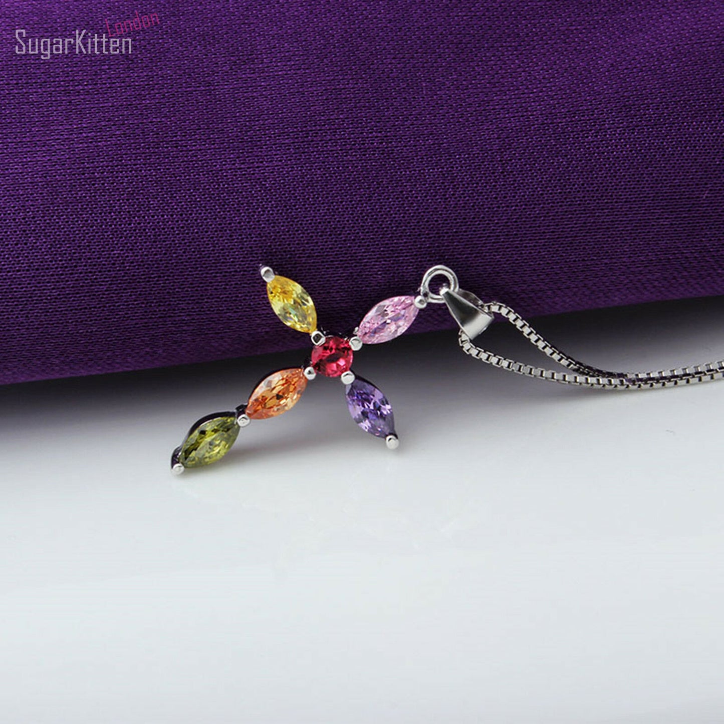 Sterling Silver 925 Micro Muti-Coloured Colourful CZ Cross Necklace Pendant - sugarkittenlondon