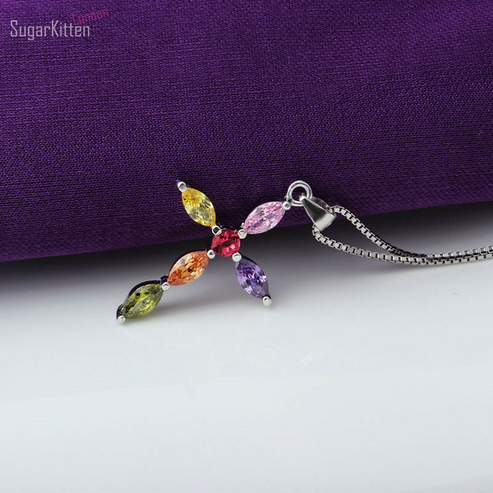 Sterling Silver 925 Micro Muti-Coloured Colourful CZ Cross Necklace Pendant - sugarkittenlondon