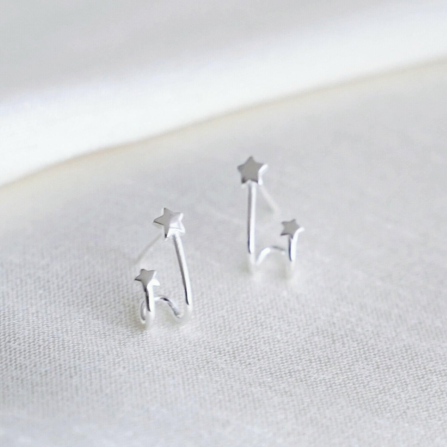 Sterling Silver Huggie Cuff Stud Earrings with Double Shooting Stars in 2 Tones - sugarkittenlondon