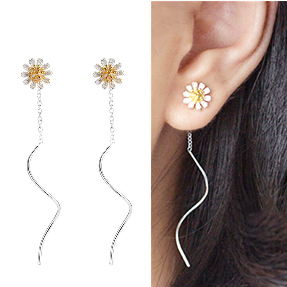 Sterling Silver Sun Flower Daisy Pull Through Wave Threader Dangle Earrings - sugarkittenlondon
