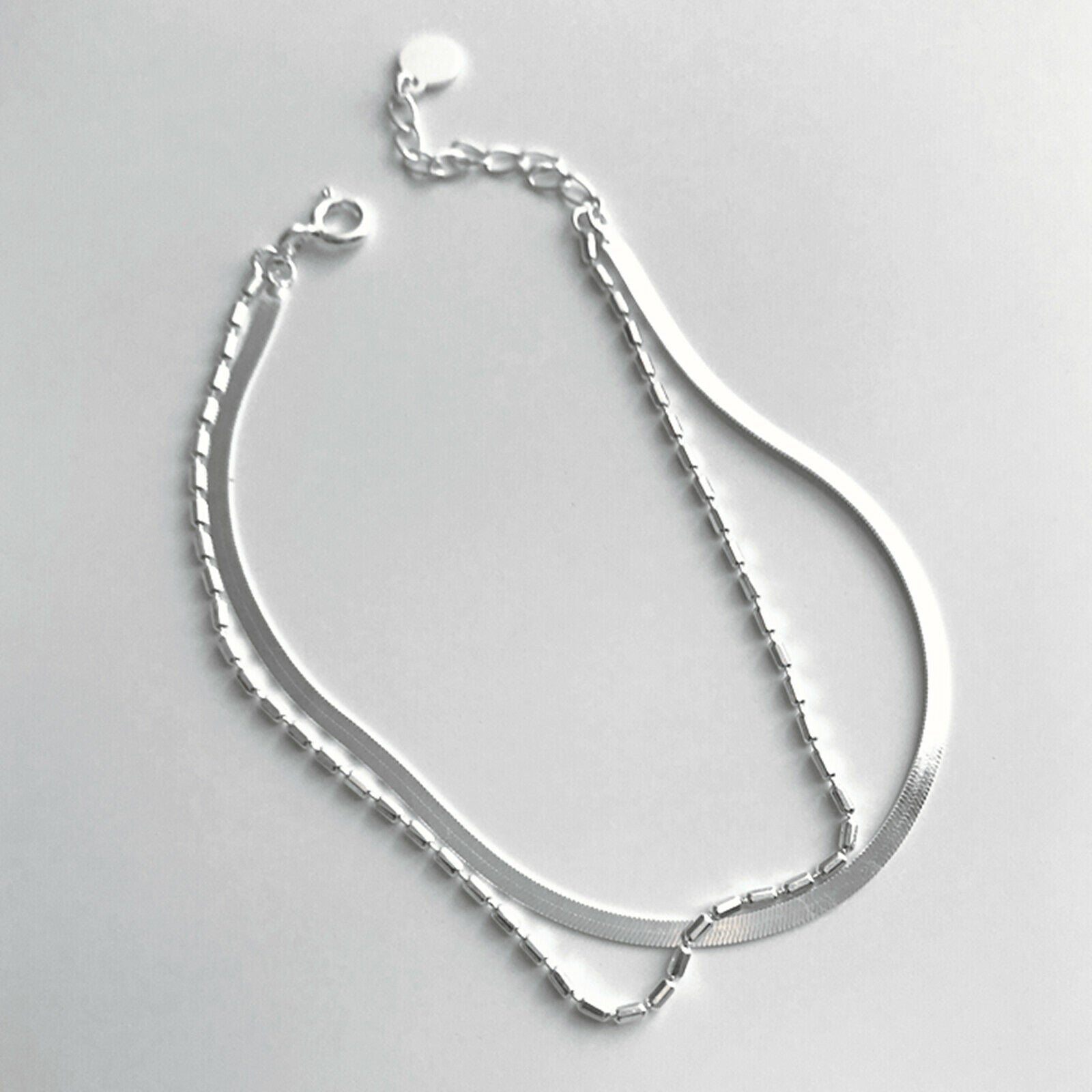 Sterling Silver Flat Snake Chain Tube Beads 2 Layers Adjustable Bracelet - sugarkittenlondon