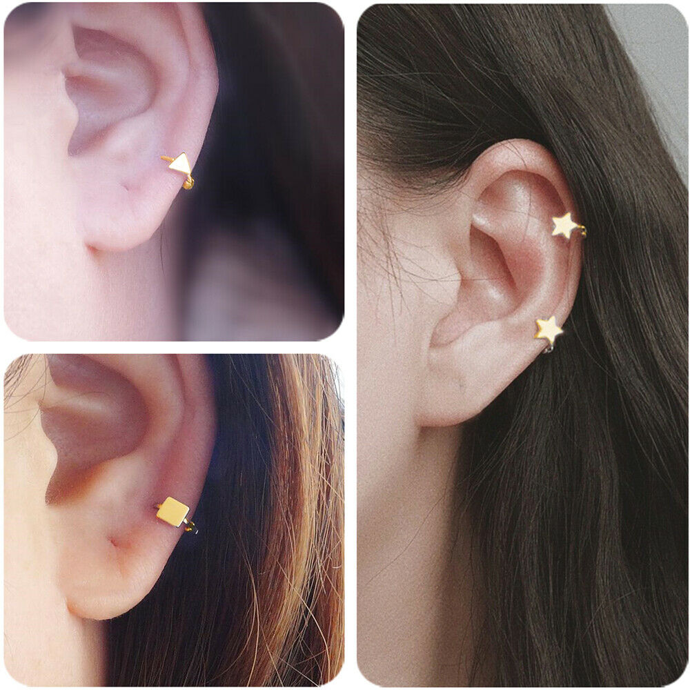 18K Gold Hinged Hoop Earrings with Mini Star, Square, and Triangle Shapes - sugarkittenlondon