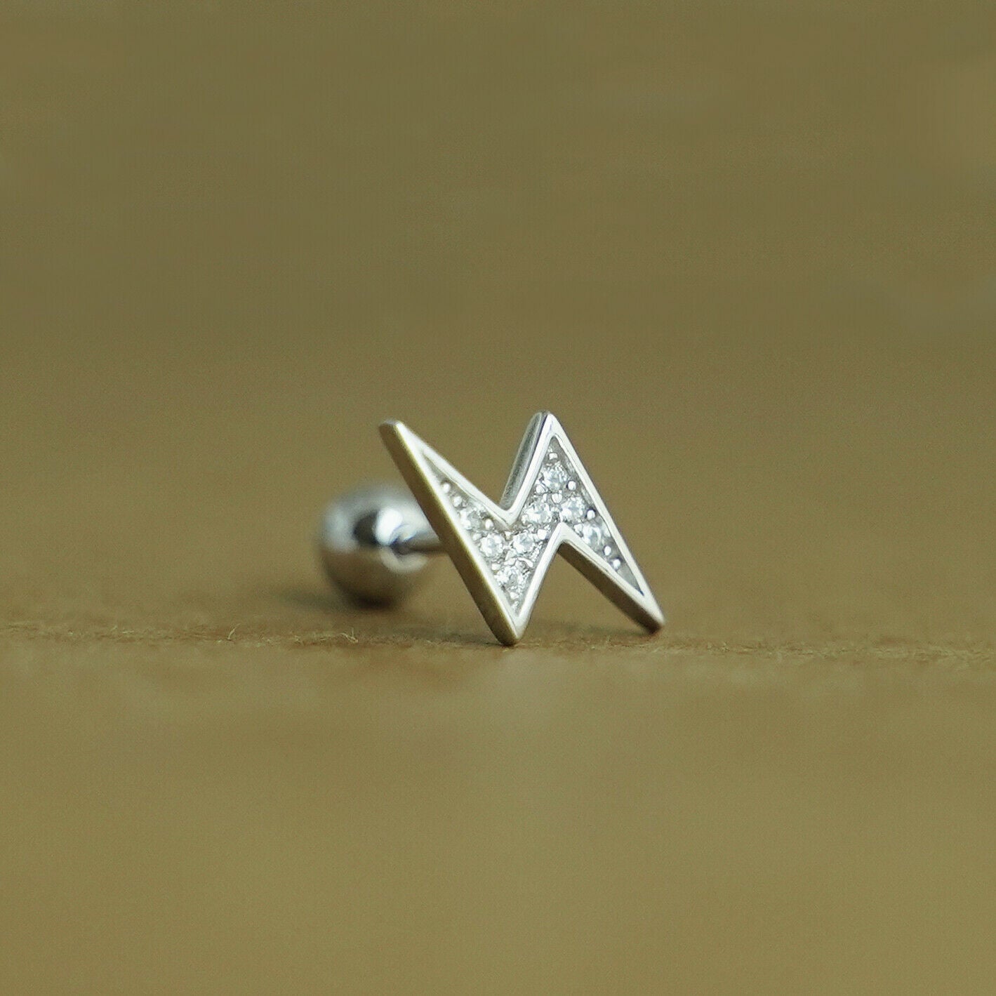 Sterling Silver CZ Lightning Bolt Barbell Bead Ball Screw Back Stud Earrings - sugarkittenlondon