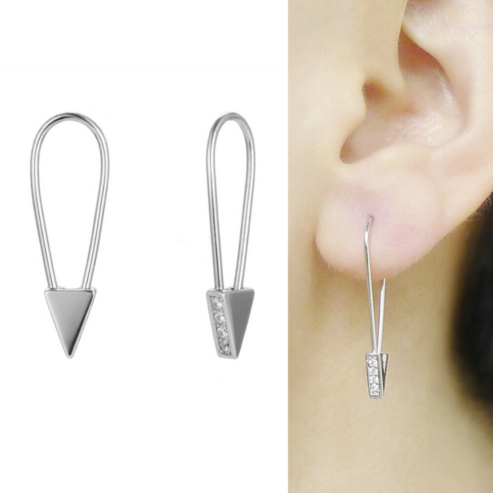 Sterling Silver Triangle CZ Safety Pin Hoop Drop Earrings with Rhodium Plating - sugarkittenlondon