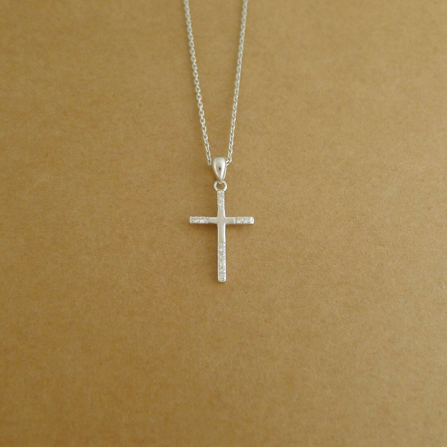 Sterling Silver Latin Cross Cubic Zirconia Tips Thin Square Pendant Necklace - sugarkittenlondon