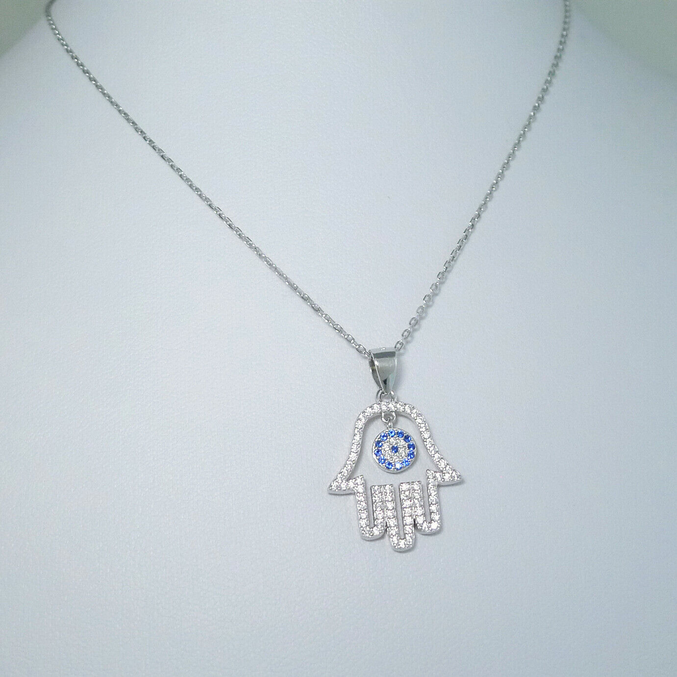 Sterling Silver Blue Paved CZ Evil Eye Hamsa Hand of Fatima Pendant Necklace - sugarkittenlondon