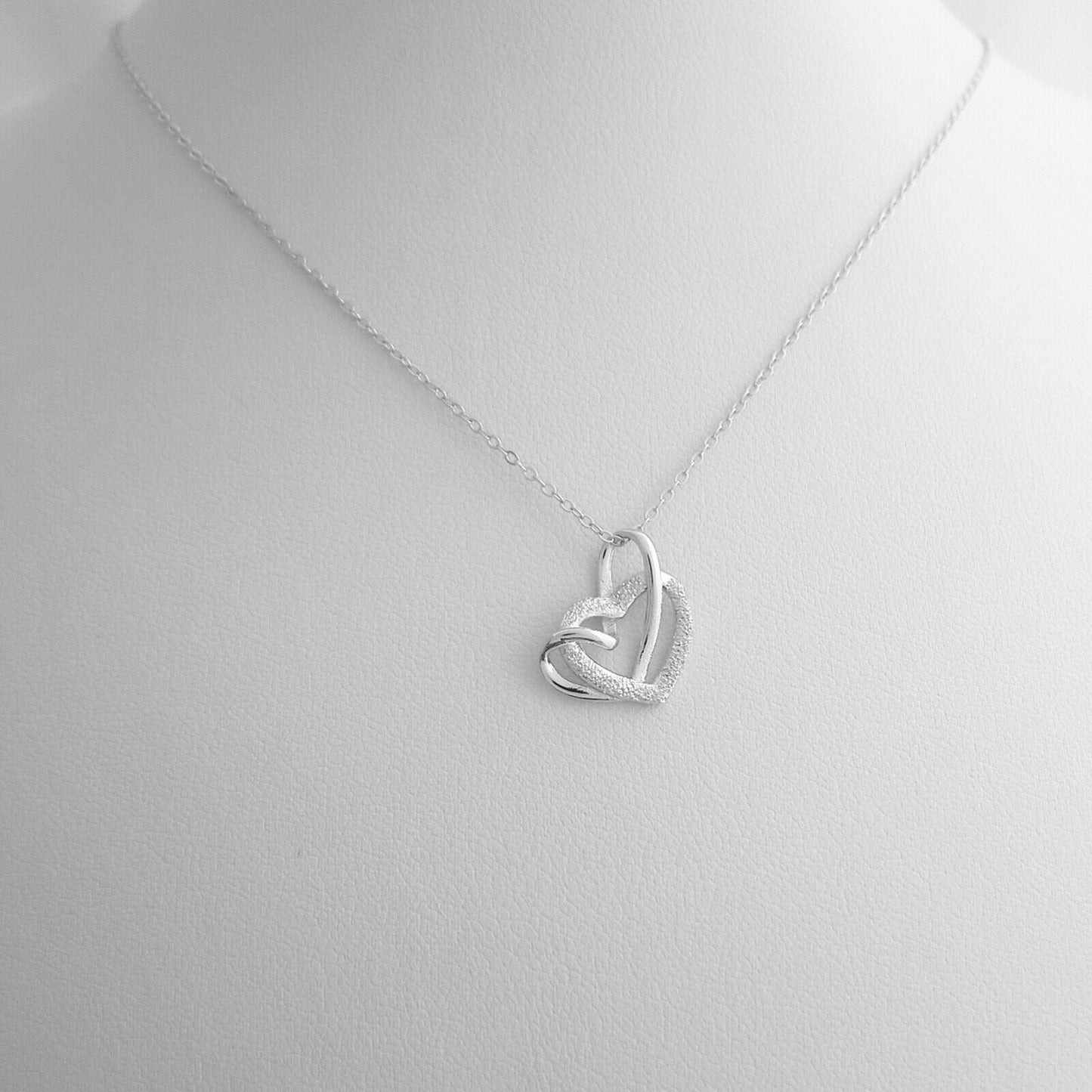 Sterling Silver Love Knot Necklace with Floating Sandblasted Heart Charm - sugarkittenlondon