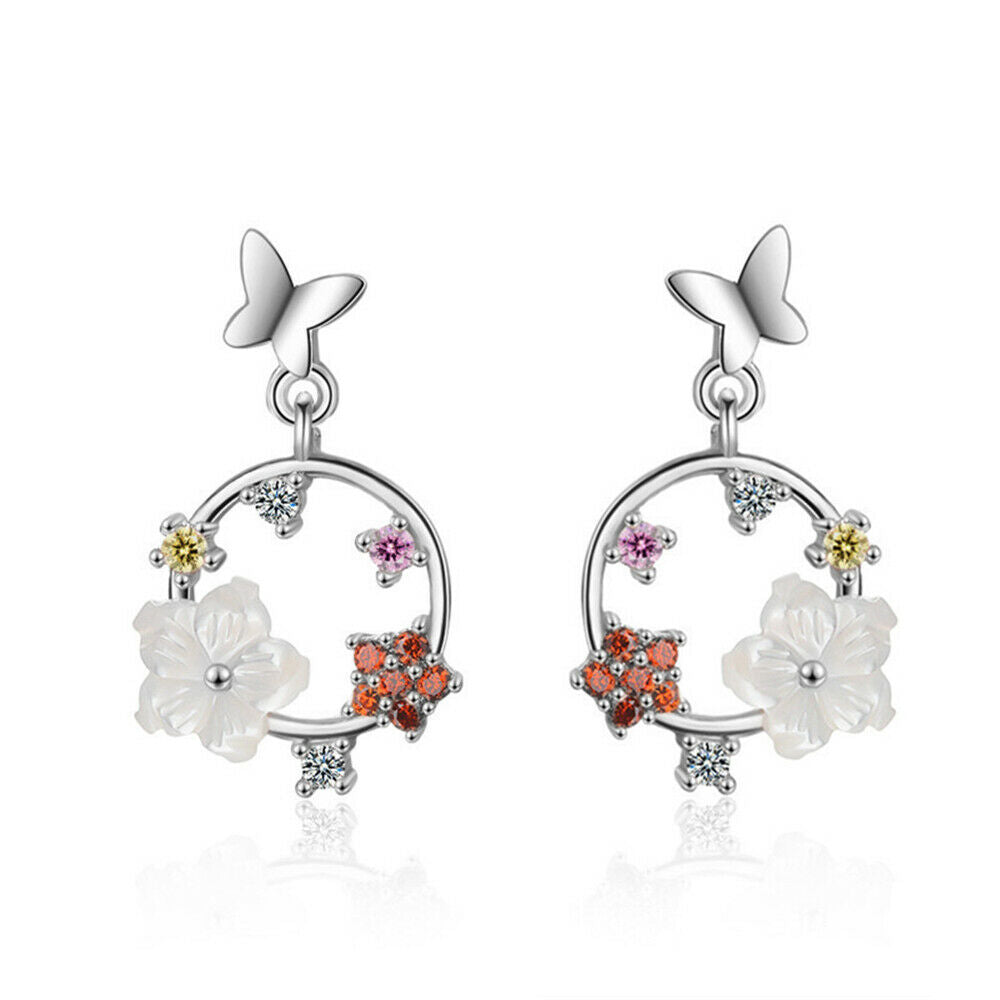 Sterling Silver Natural Mother of Pearl Flower Butterfly Drop Earrings Boxed - sugarkittenlondon