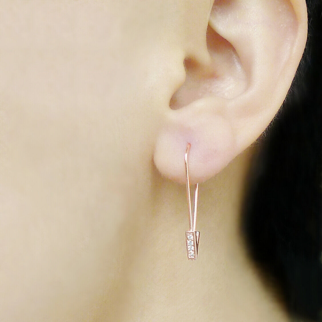 Sterling Silver Rose Gold Plated Triangle CZ Safety Pin Clip Hoop Drop Earrings - sugarkittenlondon