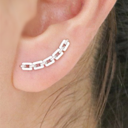 Sterling Silver Linked Chain Geometry Cube Curved Climber Crawler Earrings - sugarkittenlondon