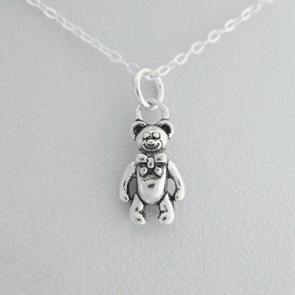 Sterling Silver Mini Oxidized 3D Bear with Bow Tie Charm Pendant - sugarkittenlondon