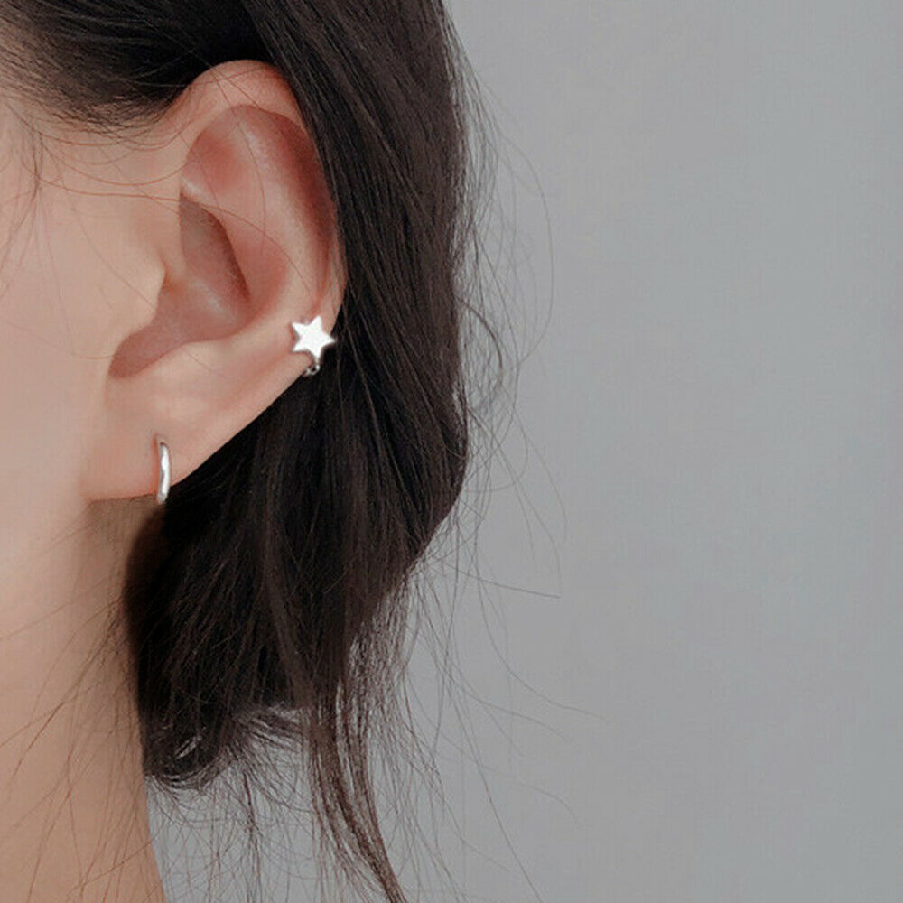 Sterling Silver Mini Hoop Plain Star Square Triangle Huggie Hinged Earrings - sugarkittenlondon