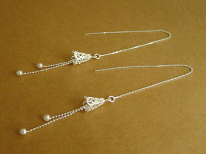 Sterling Silver Filigree Bell Dot Bead Pull Through Threader Earrings - sugarkittenlondon