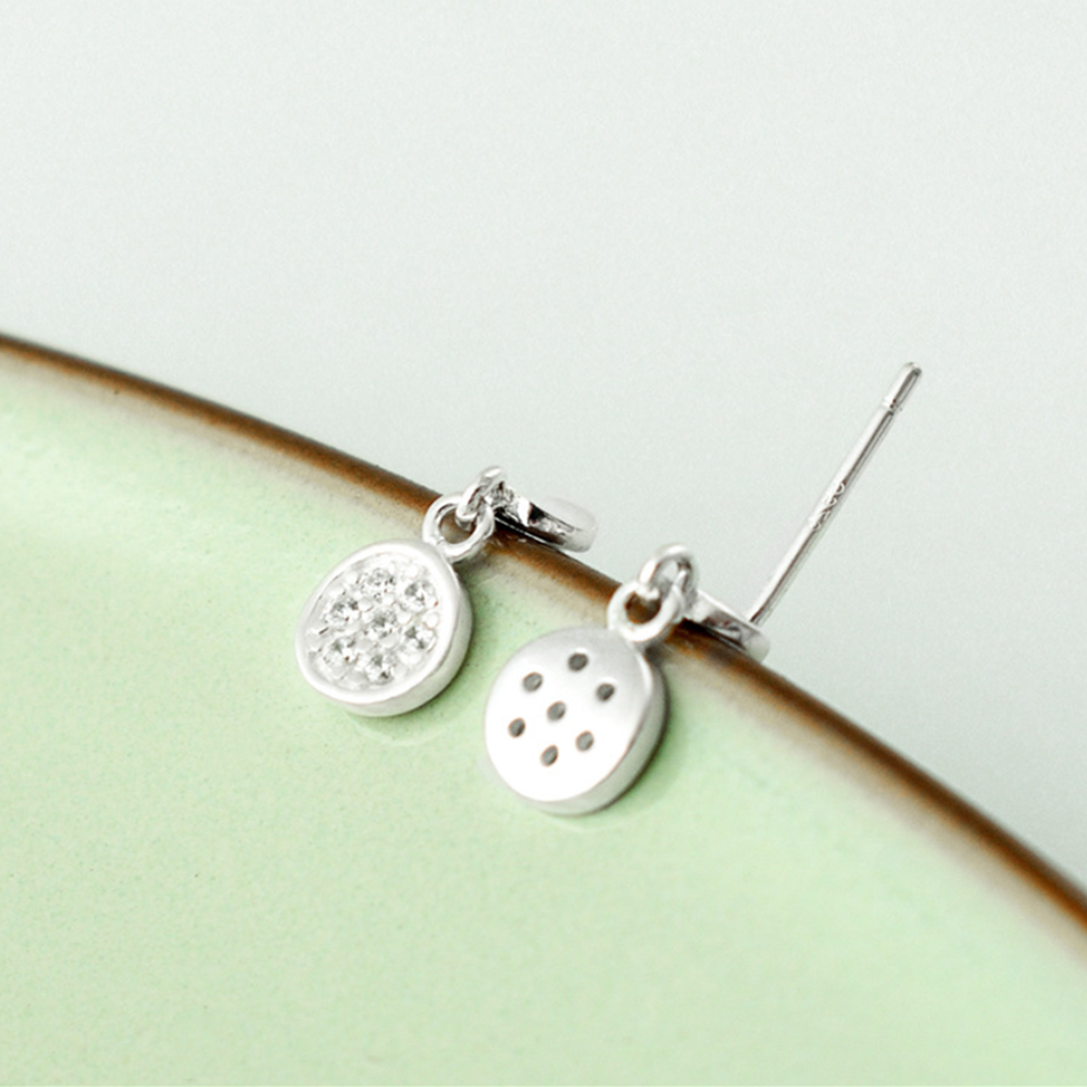 Sterling Silver Bent Dot Double Circle Disc Paved CZ Drop Dangle Earrings - sugarkittenlondon