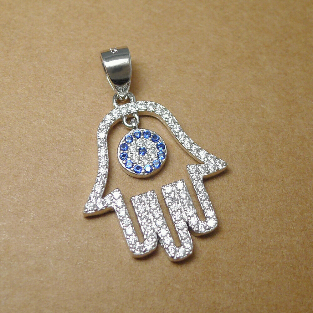 Sterling Silver Blue Paved CZ Evil Eye Hamsa Hand of Fatima Pendant Necklace - sugarkittenlondon