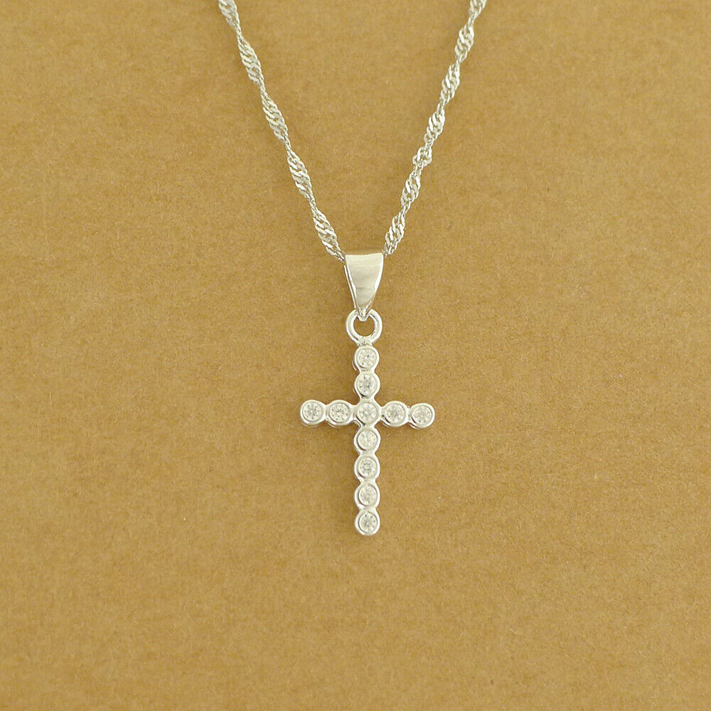Sterling Silver Bezel Set Bubble Rounds CZ Cross Pendant Necklace 2 Chains - sugarkittenlondon