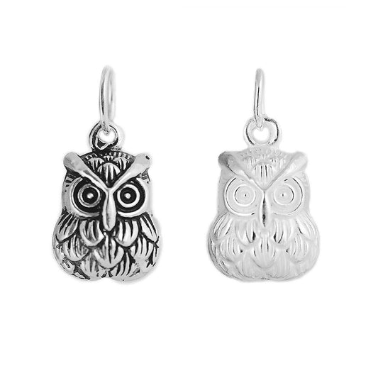 Sterling Silver Owl Pendant Two Sided Bell Hollow Charm Plain Oxidized - sugarkittenlondon