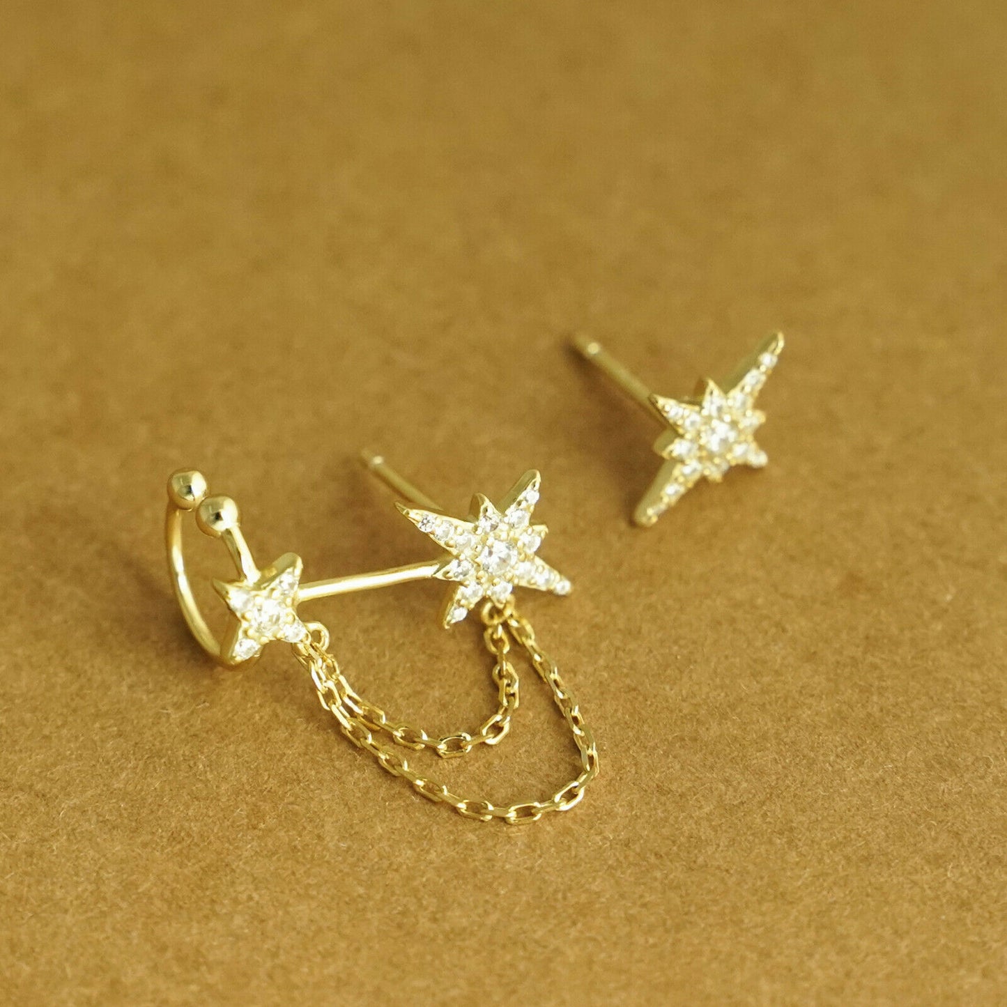 18K Gold on Sterling Silver Paved CZ Pole Star Chain Cuff Asymmetrical Earrings - sugarkittenlondon