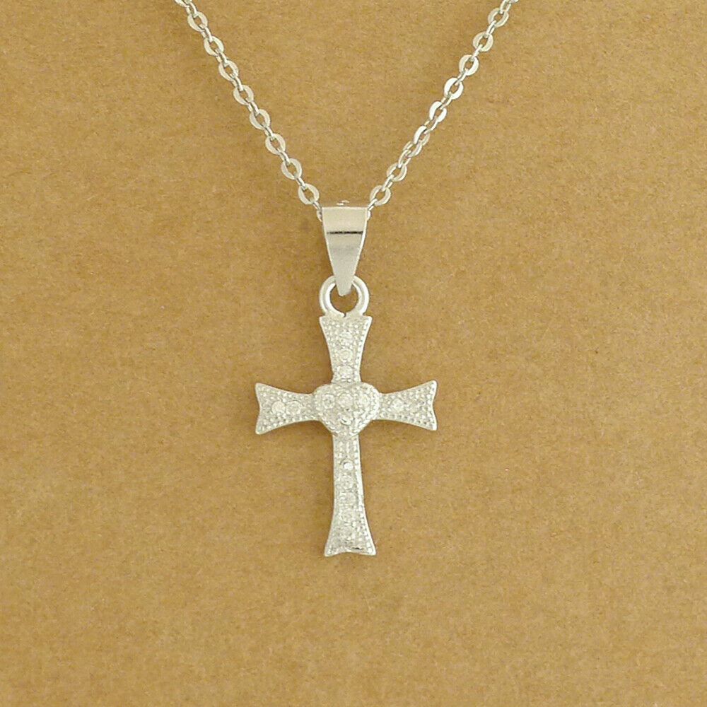 Sterling Silver Heart Cross Paved CZ Pendant Necklace 2 Chains - sugarkittenlondon