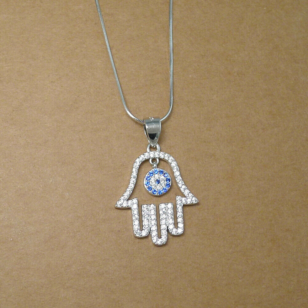 Sterling Silver Blue Paved CZ Evil Eye Hamsa Hand of Fatima Pendant Necklace - sugarkittenlondon