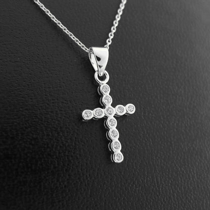 Sterling Silver Bezel Set Bubble Rounds CZ Cross Pendant Necklace 2 Chains - sugarkittenlondon