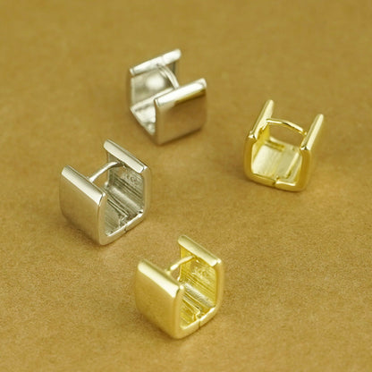 18K Gold on Sterling Silver Hoop Plain Square Cube Huggie Drop Unisex Earrings - sugarkittenlondon