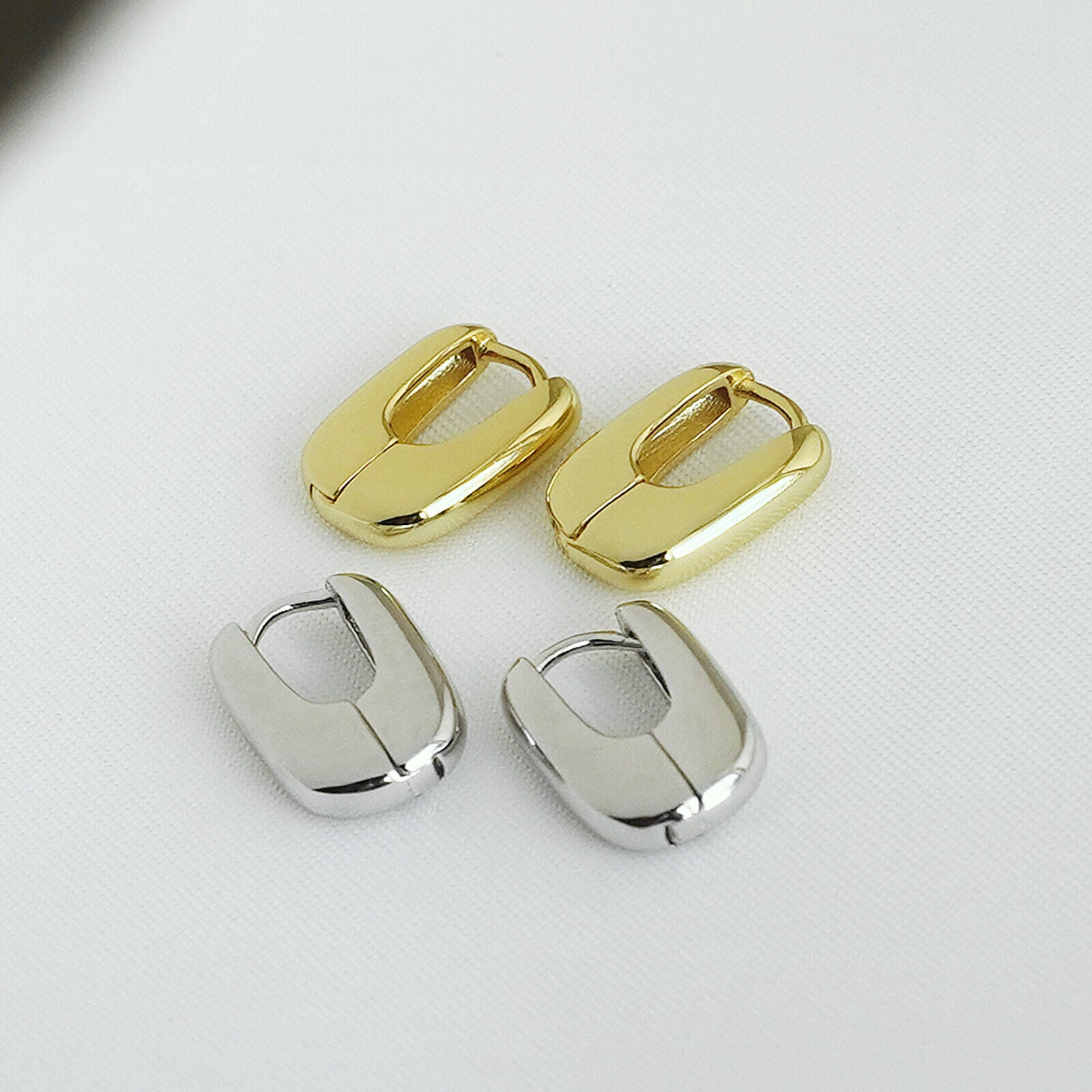 Sterling Silver Shiny Polished Puffy Oval Square Hoop Huggie Unisex Earrings - sugarkittenlondon