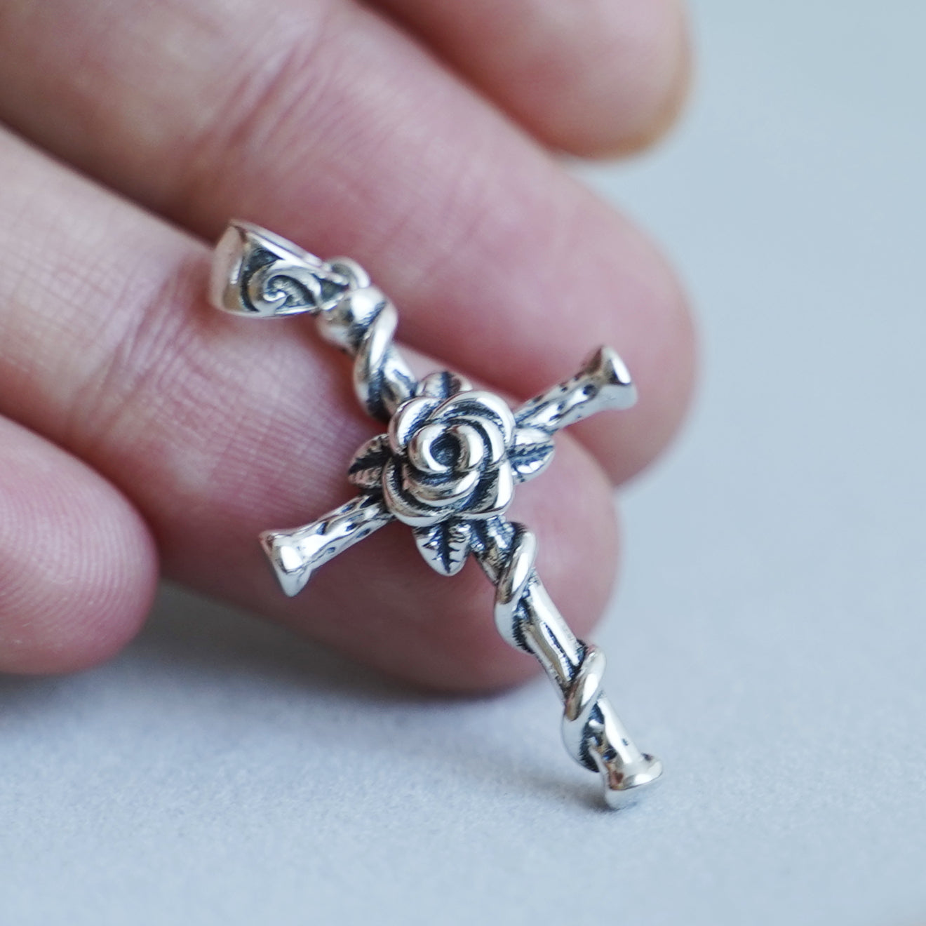 Sterling Silver Oxidized 3D Rose Thorn Cross Christian Pendant Necklace Boxed - sugarkittenlondon