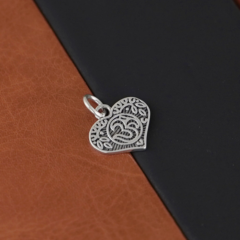 Sterling Silver Om Aum Yoga Hindu Sanskrit Symbol Leaf Heart Charm Pendant - sugarkittenlondon