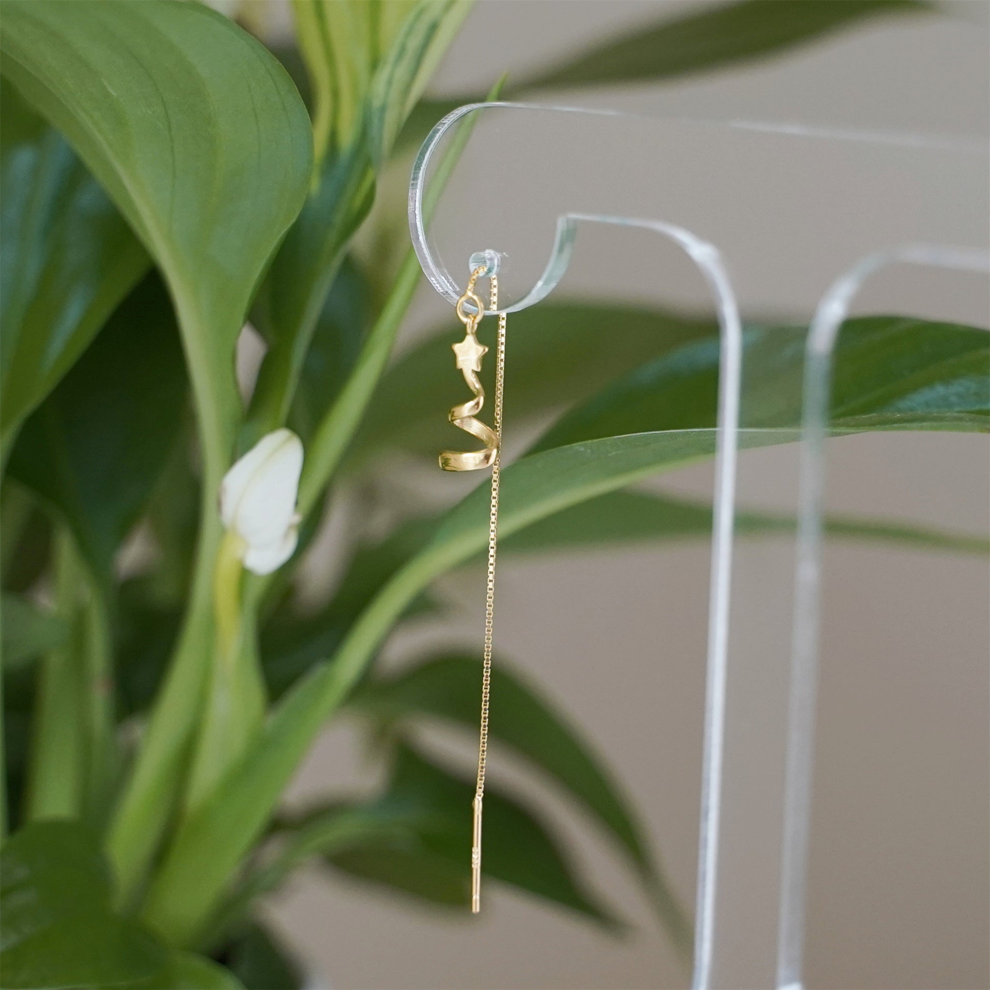 Gold on Sterling Silver Star Ribbon Xmas Tree Pull Through Threader Earrings - sugarkittenlondon