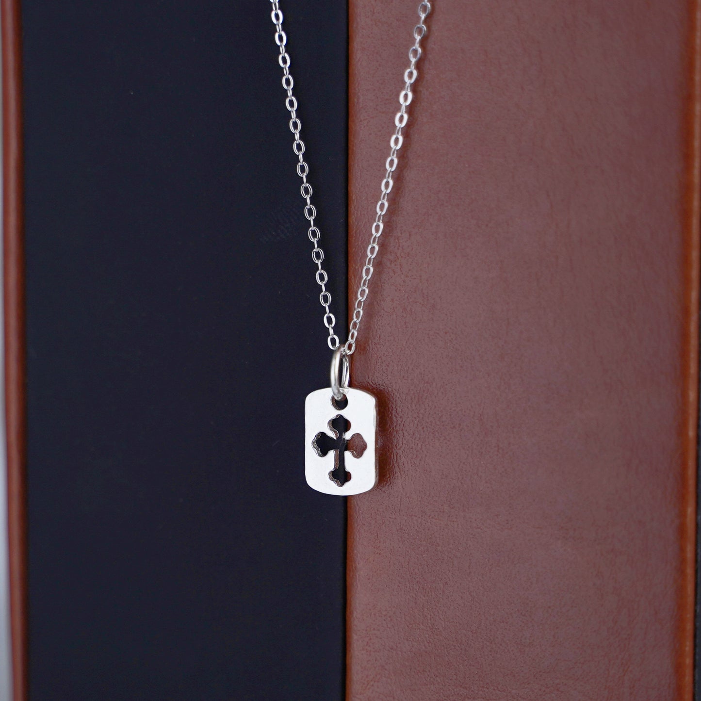 Sterling Silver Small Hollow Floral Cross Dog Tag Charm Pendant - sugarkittenlondon