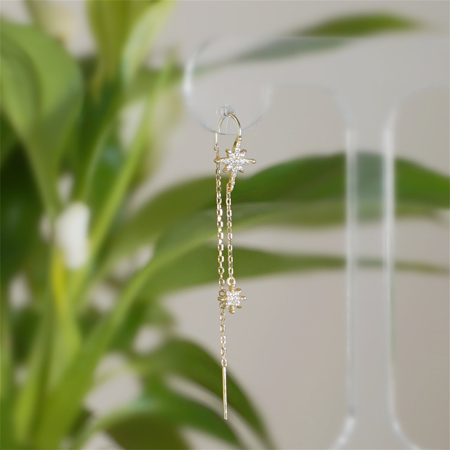 Gold on Sterling Silver Paved CZ Pole Star Chain Drop Pull Through Earrings - sugarkittenlondon