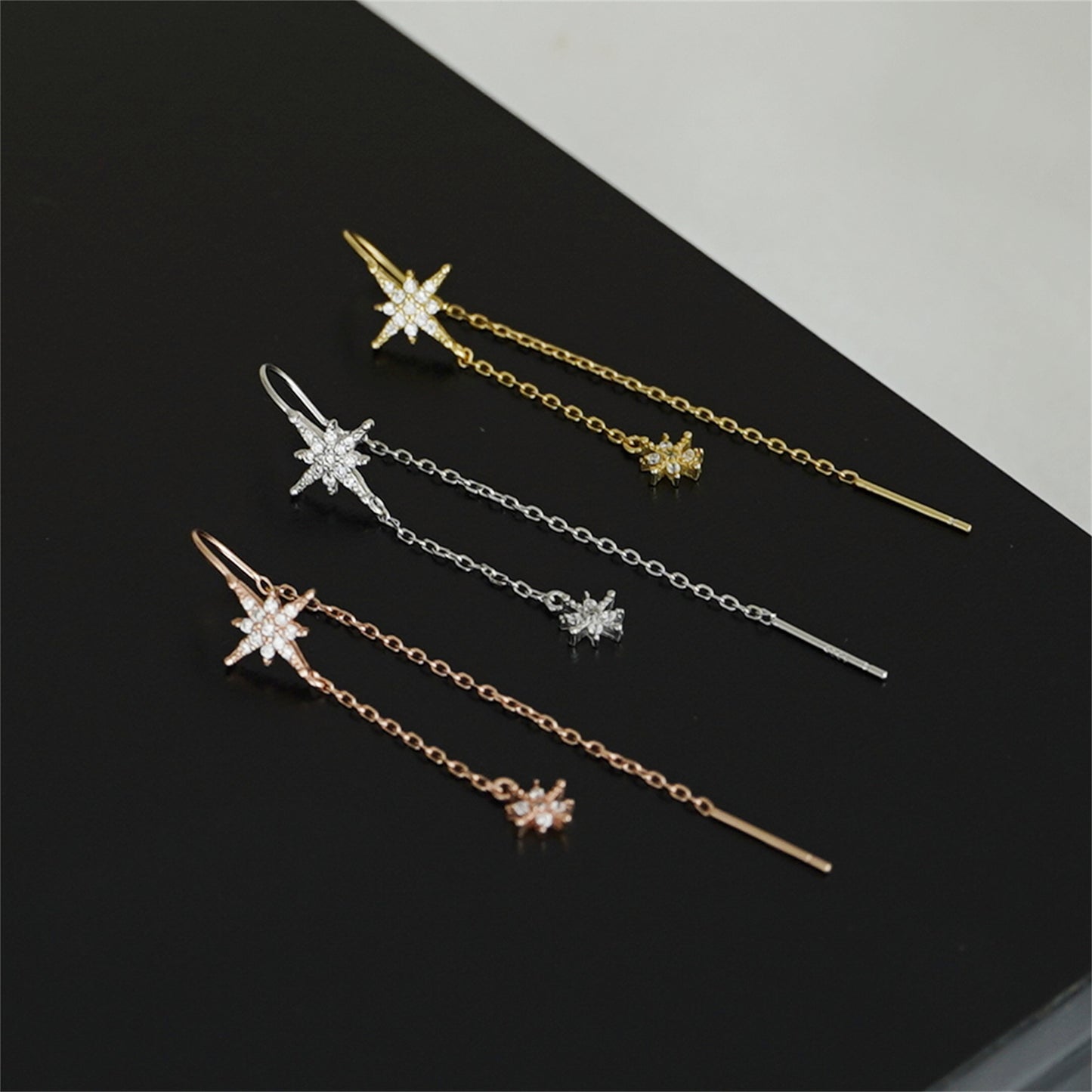 Gold on Sterling Silver Paved CZ Pole Star Chain Drop Pull Through Earrings - sugarkittenlondon