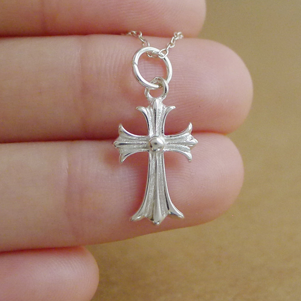 Sterling Silver Cross Pendant with Fleur De Lis Design (15mm x 10mm) - sugarkittenlondon