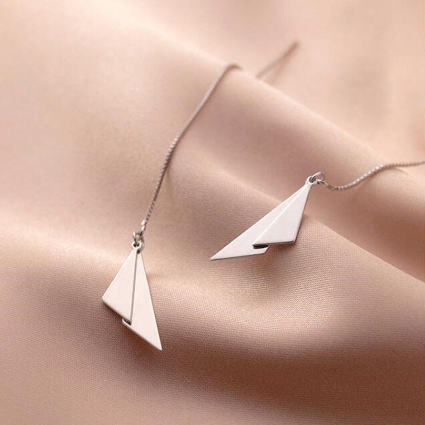 Sterling Silver Double Triangle Shiny Drop Pull Through Threader Dangle Earrings - sugarkittenlondon